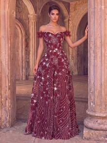 Gaun Formal Panjang Wanita dengan Model Bahu Terbuka, Desain Bahu Terbuka Mawar 3D, dan Detail Renda yang Indah, Cocok untuk Acara Prom dan Malam Hari - Burgundy - View 6