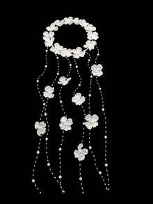 1pc Bohemian White Petal Tassel Headpiece, Vintage Beaded Pearl Headband, Suitable For Wedding And Photography Events - White Petals - View 4