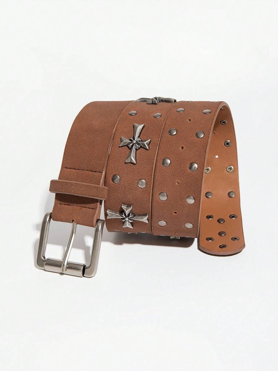 1pc Unisex Brown Riveted Cross Belt, Punk Gothic Metal Cross Decor, Vintage Personalized Wide Leather Belt, Suitable For Halloween Party, Rock Concert, Music Festival, Cosplay, Street Fashion And Daily Jeans/Skirt Matching, Fashionable Versatile Accessory