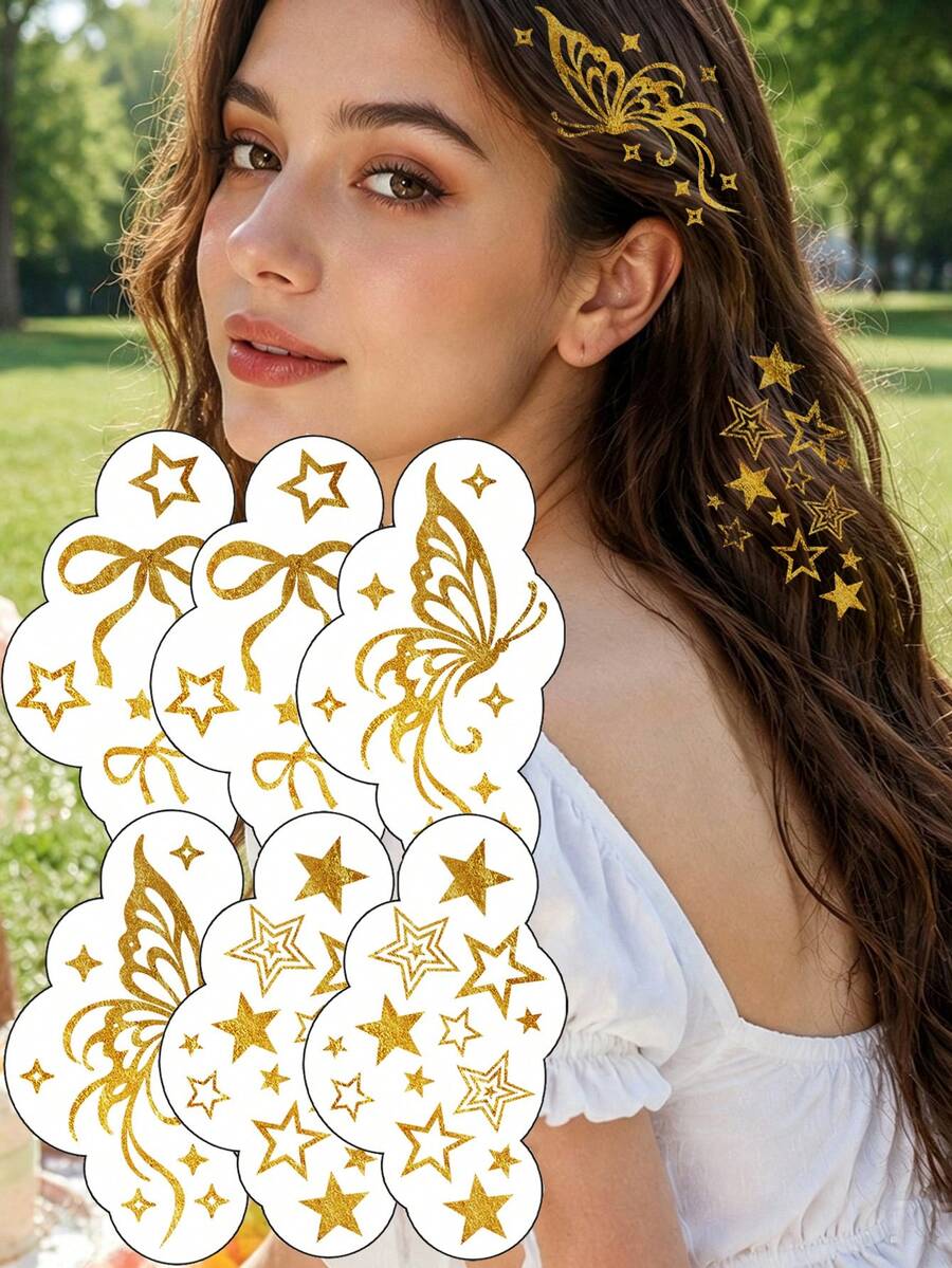 6pcs Waterproof Metallic Hair Tattoo Stickers, Glitter Stickers For Hair Decoration, Gold Flash Tattoos With Star, Butterfly, Bow Pattern Temporary Tattoos Cute Sparkle Freckles Makeup For Rave Party Performance Music Festival Essentials Body Art - Gold - View 1