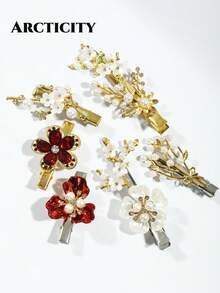Arcticity 7pcs Vintage Pearl Floral Hair Clips, Red Rhinestone Flower Bangs Clips, Elegant Women's Hair Accessories, Suitable For Wedding, Party, Daily Wear - Multicolor - View 1