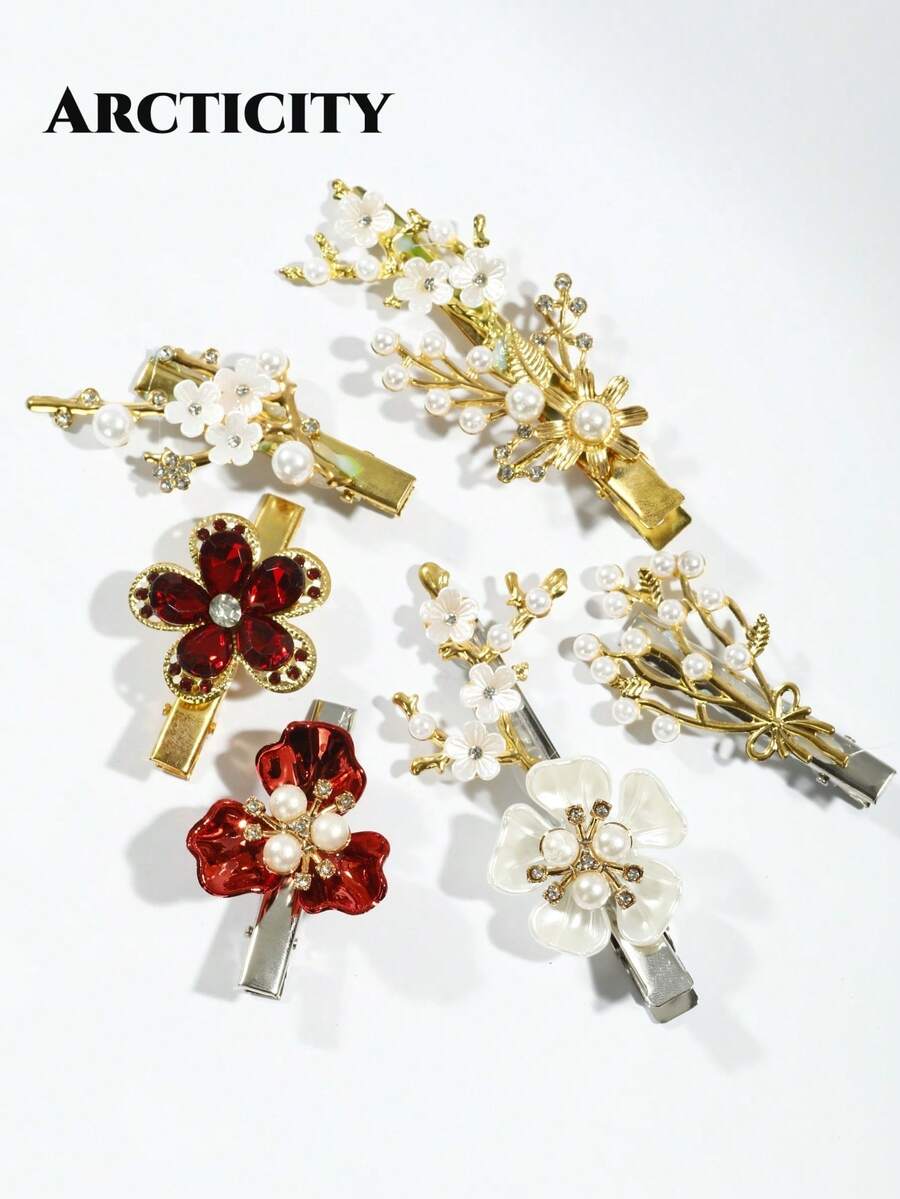 Arcticity 7pcs Vintage Pearl Floral Hair Clips, Red Rhinestone Flower Bangs Clips, Elegant Women's Hair Accessories, Suitable For Wedding, Party, Daily Wear - Multicolor - View 1