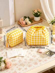 1pc Women's Cute Plaid Makeup Storage Bag, Lightweight Drawstring Cosmetic Bag, Portable Travel Toiletry Organizer For Daily Commute And Vacation - Multicolor - View 10