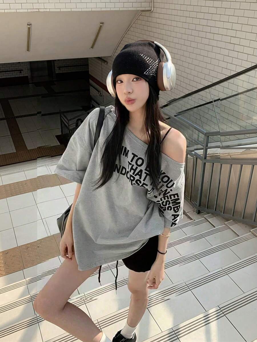 Summer Off Shoulder Top Loose Mustard Yellow Asymmetrical Shoulder Letter Print Short Sleeve T-Shirt Casual - Grey - View 1