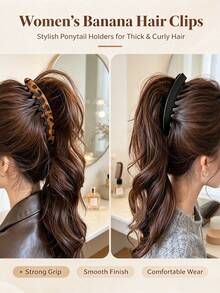 3/1pc Large Non-Slip Women's Ponytail Clip With Back Comb And Vertical Banana Clip, Thickened Enhanced Volumizing Effect, Brown/Black/Grey Leopard Print, Suitable For Braids, Buns And Updos, Halloween, Christmas - Multicolor - View 2