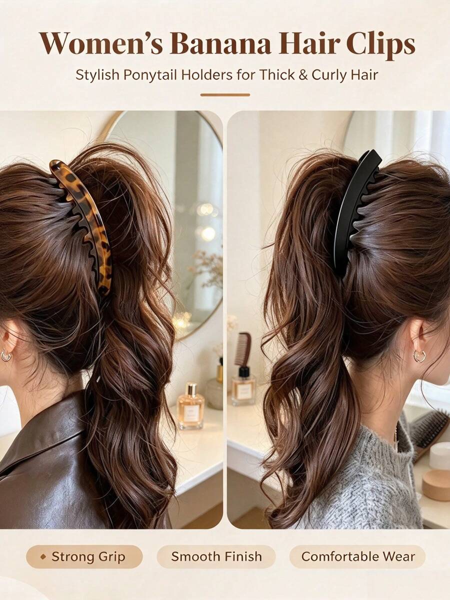 3/1pc Large Non-Slip Women's Ponytail Clip With Back Comb And Vertical Banana Clip, Thickened Enhanced Volumizing Effect, Brown/Black/Grey Leopard Print, Suitable For Braids, Buns And Updos, Halloween, Christmas