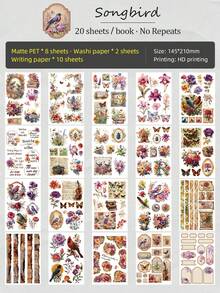 DanSoul 20pcs Large Size Vintage Floral & Bird Theme Sticker Book, Matte PET Material Creative Planner Supplies, Suitable For Scrapbooking, Bullet Journaling, Stationery DIY Collage, Gift Craft Supplies - Journaling Supplies - View 12