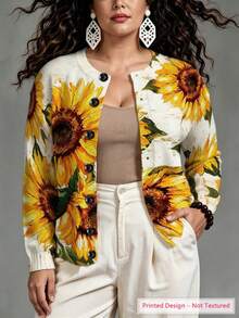 ASHKATIA Cardigan Sweater Vintage Ukuran Besar Wanita, Motif Bunga Matahari Bohemian, Rajutan Musim Gugur dan Musim Dingin untuk Acara Sosial - MultiWarna - View 6