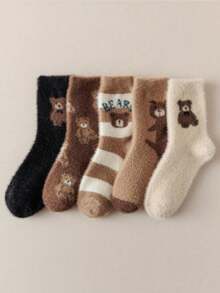 1/3/5 Pairs Randomly Shipped Women's Multi-Color Plush Bear Pattern Comfortable Thick Warm Home Mid-Calf Socks - Multicolor - View 1