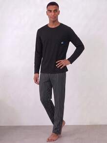 Snug League 2pcs Men's Plus Size Casual Loose Solid Crew Neck Long Sleeve Top With Pockets & Striped Lounge Pants Pajama Set, Suitable For Spring - Black - View 1