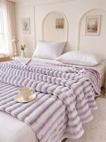 1pc Striped Print Faux Rabbit Fur Blanket, Soft Comfortable Warm Blanket For Home Decor, Suitable For Bed, Sofa, Office, Room Decoration, Dorm, Machine Washable - Mauve Purple - View 10