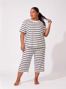 2pcs/Set Plus Size Women Cute Striped Short Sleeve T-Shirt And 3/4 Pants Pajama Set, Knit Fabric For Spring, Summer, Autumn, Slightly Elastic - Beige - View 8