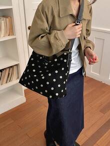 Tas Tote Wanita Minimalis Motif Polkadot, Tas Bahu Ringan untuk Aktivitas Sehari-hari - Hitam - View 3