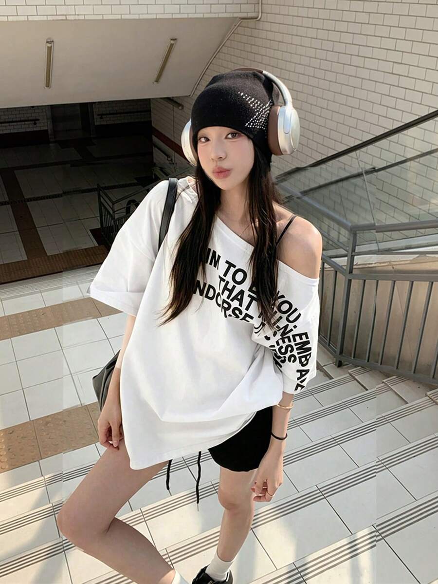 Summer Off Shoulder Top Loose Mustard Yellow Asymmetrical Shoulder Letter Print Short Sleeve T-Shirt Casual White - White - View 1