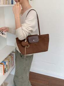 1件女款純色單肩托特包，大容量時尚秋冬新款麂皮面料手提包，適合辦公、通勤、購物、度假、旅行、送禮 - 咖啡棕 - 查看 6