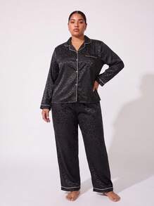 Plus Size Red Leopard Jacquard Long Sleeve & Pants Pajama Set - Black - View 5