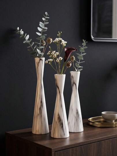 Fashion Vase/Metal Faux Marble Texture Vase, Small Vase, Autumn Vase, Metal Structure - No Need To Worry About Dropping, (Cannot Add Water) Round Barrel Vase Suitable For Various Flower Shapes, Suitable For Wedding Table Centerpiece Decoration, Home Decor, Room Decor, Best Friend Gift, Women's Gift, Winter Gift