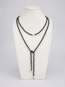 1pc French Vintage Resin Black & White Contrast Beaded Stackable Y-Shaped Necklace, Suitable For Women's Daily Autumn/Winter Commute, Coat, Date, Party Wear - Black - View 6