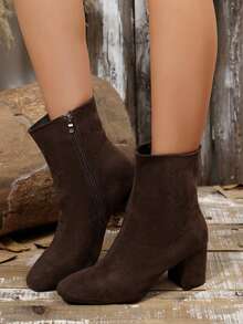 Women's Fashion Casual Versatile Retro Faux Suede Ankle Boots Square Toe Chunky Heel Side Zipper Slimming Ankle Boots - Coffee Brown - View 2