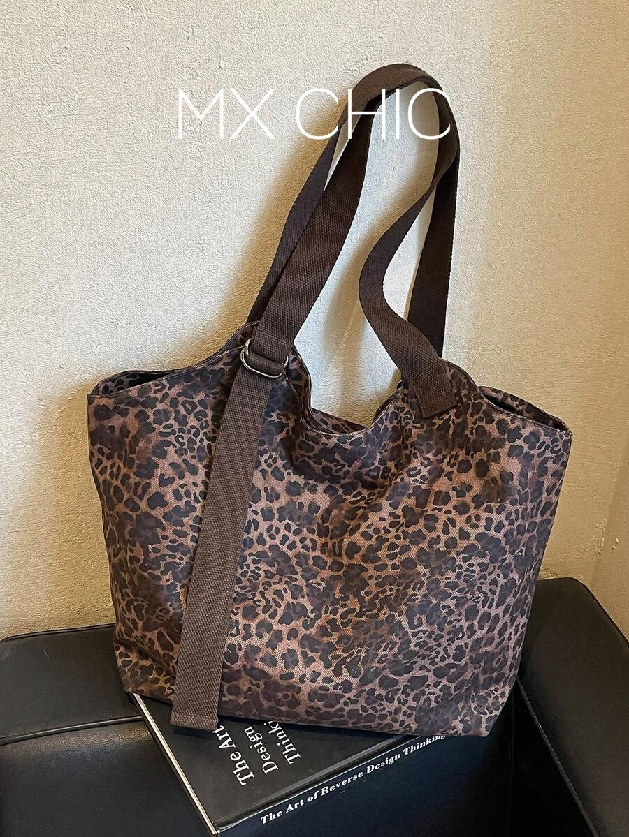 1件女款豹紋尼龍肩背托特包，時尚大容量休閒布包，適合購物、度假與旅行 - 彩色 - 查看 1