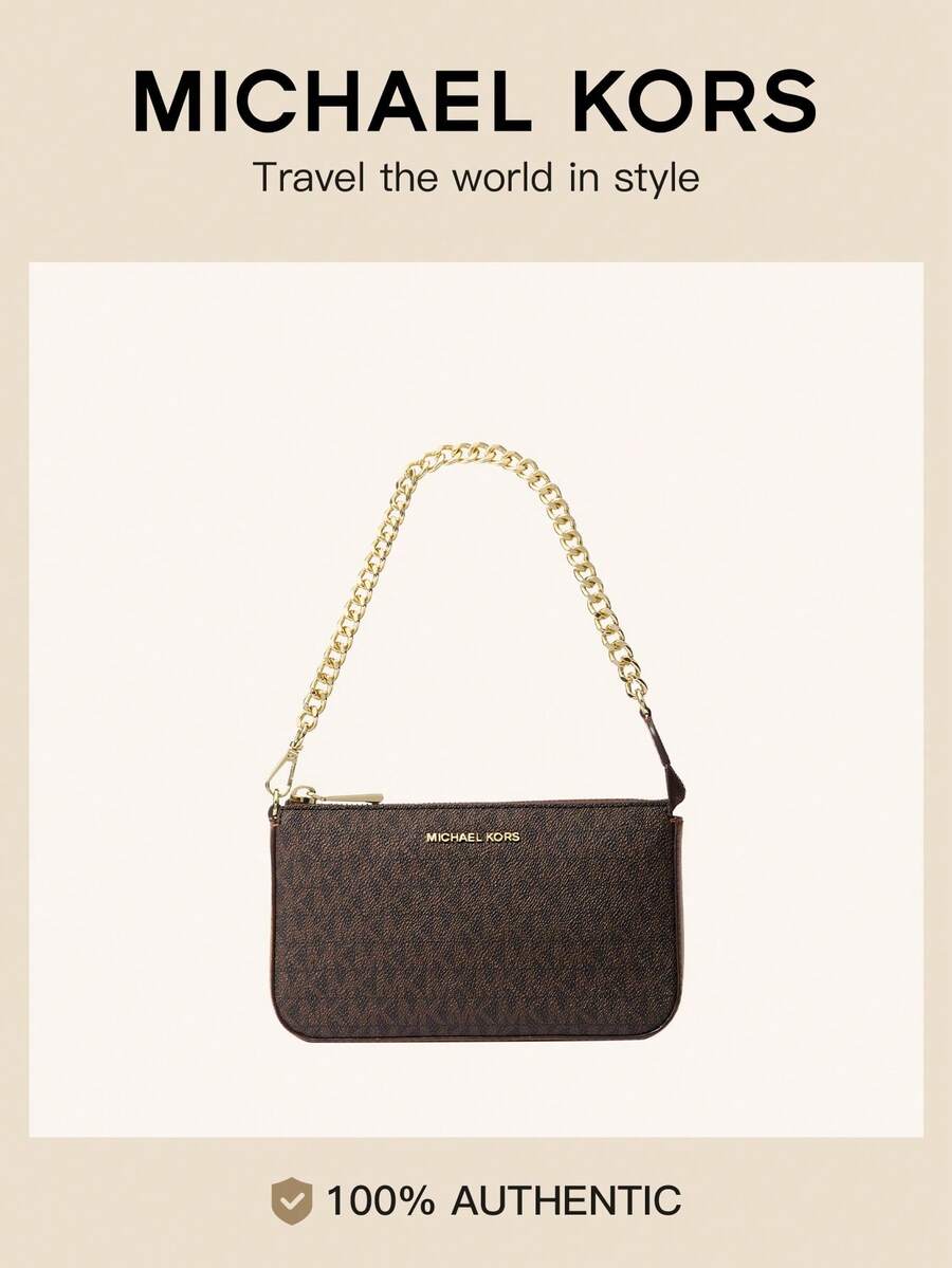 Michael Kors Jet Set 中號經典標誌手拿包,時尚鏈條單肩包女款,優雅禮品拉鍊方包,適合購物與派對 - 黑棕色 - 查看 1