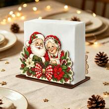 1pc Santa Claus Couple Wooden Napkin Holder, Vintage Plaid Bow Bell Holly Berry Design Desktop Tissue Box, Christmas Table Napkin Storage Box, For Kitchen Dining Room Party Decoration - View 4