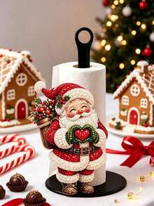 2D FLAT Christmas Decorative Kitchen Paper Towel Holder (No Power Light) - Desktop Tabletop Roll Holder (Combines Display And Storage Functions), Fun Faux Pearl Painting Santa Claus Design, Suitable For Kitchen, Bathroom, Living Room And Dining Room, Decorative Ornament To Create A Warm Christmas Atmosphere - Multicolor - View 3