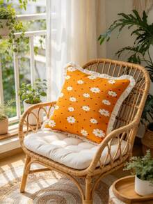 1PC Orange Polka Dot Daisy Print Tassel Square Pillow Cover, Double-Sided Printing, Simple And Fresh Style, Used For Sofa Bedroom Home Decoration, Versatile Decorative Pillow Cover(Excluding Pillow Core)-Size Excludes 3cm Tassels - Multicolor - View 8