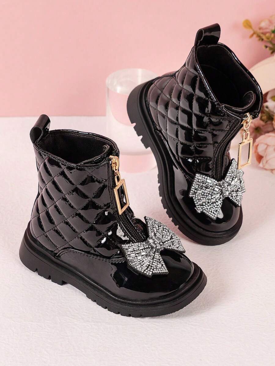 1 Pair Kids Fashion Versatile Bowknot Diamond Lattice Boots - Black - View 1