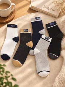 5 Pairs Random Style Thick Cotton Socks, Antibacterial & Odor-Resistant, Men's Sweat-Absorbent Breathable Mid-Calf Socks - Multicolor - View 2