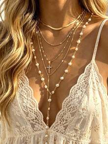 5pcs/Set Y-Shaped Necklace Set, Multi-Layer Fashion Minimalist Elegant Exquisite Vintage Design, Faux Pearl Cross Rhinestone Shiny Geometric Simple Chain Tassel Pendant Metal Style Y-Shaped Necklace Multi-Piece Set, Holiday Vacation Party Date Gift Daily Commute Wear - Gold - View 1