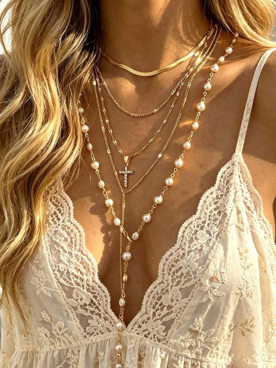 5pcs/Set Y-Shaped Necklace Set, Multi-Layer Fashion Minimalist Elegant Exquisite Vintage Design, Faux Pearl Cross Rhinestone Shiny Geometric Simple Chain Tassel Pendant Metal Style Y-Shaped Necklace Multi-Piece Set, Holiday Vacation Party Date Gift Daily Commute Wear - Gold - View 1