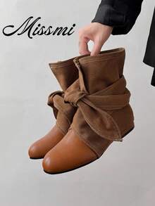 European High-Gloss Cow Suede Stacked Boots, Lazy Wrinkled Short Shaft Mid-Heel Pointed Toe Exquisite Lady Style Fashion Boots - Brown - View 5