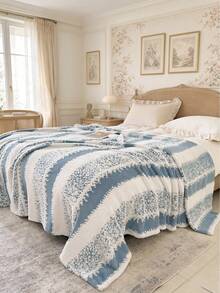 1pc Plush Striped Pattern Blanket, Warm Soft Comfortable Throw Blanket For Home Decor, Suitable For Bed, Sofa, Office, Room Decoration, Dorm, Machine Washable, Suitable For Spring, Autumn, Summer - Blue and White - View 1