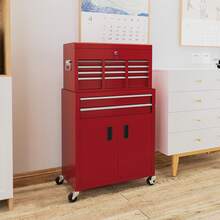 HOMCOM 6-Drawer Rolling Tool Chest, 2 In 1 Lockable Detachable Storage Cabinet With Lockable Wheels & Hooks, Metal Tool Box Organizer For Garage, Workshop, Red - A - View 3