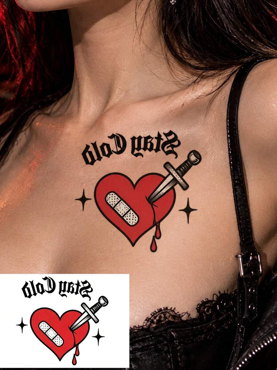 1張哥德風受傷心臨時紋身貼紙,紅色流血心形繃帶刀鋒古英文字母設計,Y2K暗黑浪漫假紋身,防水身體彩繪,適合女性女孩,萬聖節裝扮、龐克派對、演唱會 - 彩色 - 查看 1