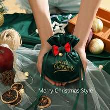 Christmas Velvet Drawstring Pouch With Bow And Bell, Gold Foil Gift Bag, Christmas Eve Apple Bag, Candy Storage Bag, Holiday Gift Packaging Bag, Drawstring Elastic Bag, Holiday Party Favor Bag - Multicolor - View 11