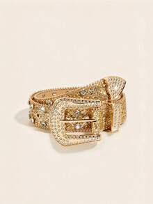 1pc Women's Western Cowgirl Rhinestone Buckle Y2K Belt, Suitable For Daily Wear, Parties And Gatherings - Gold - View 1