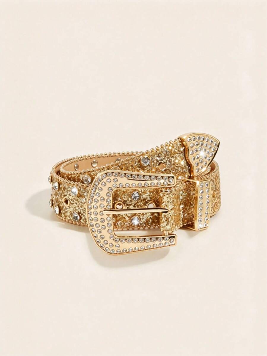 1pc Women's Western Cowgirl Rhinestone Buckle Y2K Belt, Suitable For Daily Wear, Parties And Gatherings - Gold - View 1