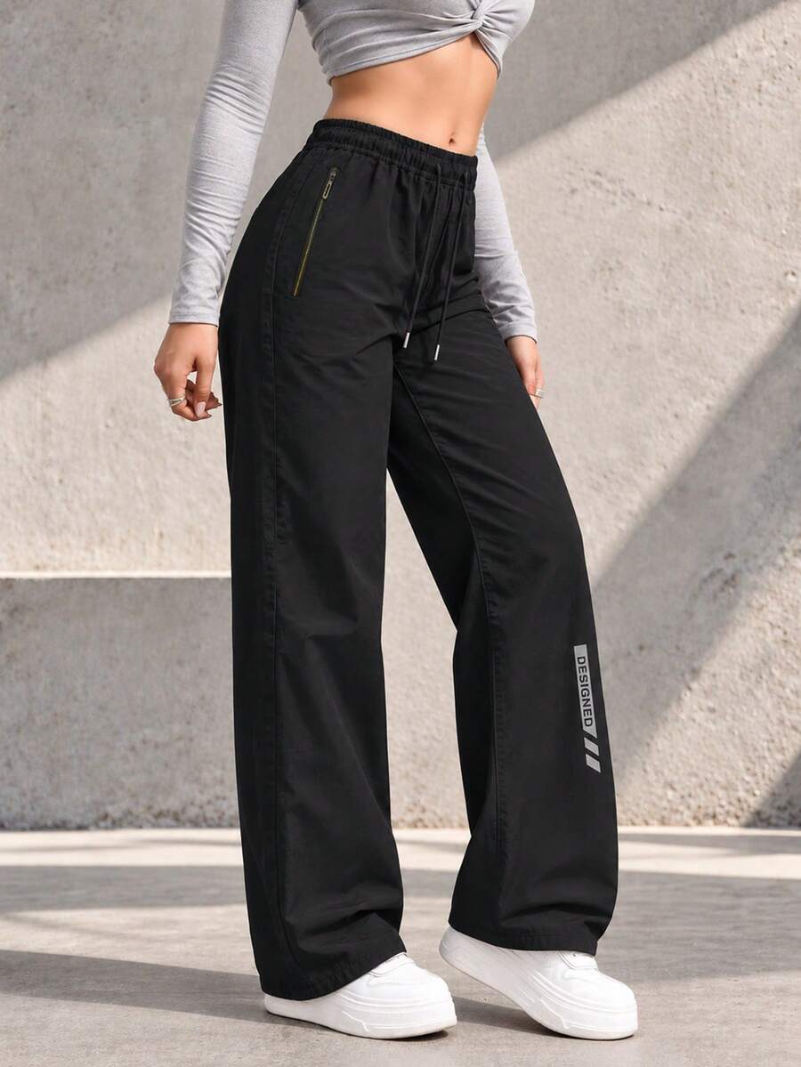 Women Black Wide Leg Pants With Elastic Drawstring Waist And Zipper Pockets Casual Loose Fit Full Length Trousers - Black - View 1