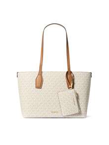 Michael Kors MK Charlie Logo Medium Tote Bag With Small Zipper Pouch Wallet Set, Women's Casual Commuter Handbag Shoulder Bag, Fashion Gift Bag - Beige Brown - View 5