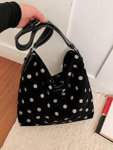 Tas Tote Wanita Minimalis Motif Polkadot, Tas Bahu Ringan untuk Aktivitas Sehari-hari - Hitam - View 4