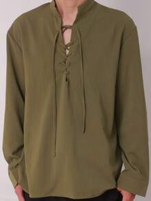 Men's Medieval Pirate Shirt - Renaissance Fair Costume, Western Roleplay Outfit, Suitable For Historical Events, Cosplay, Theme Parties - Machine Washable Ruffle Collar Design, Unique Cuff Style - Olive Green - View 2