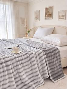 1pc Striped Print Faux Rabbit Fur Blanket, Soft Comfortable Warm Blanket For Home Decor, Suitable For Bed, Sofa, Office, Room Decoration, Dorm, Machine Washable - Light Grey - View 9