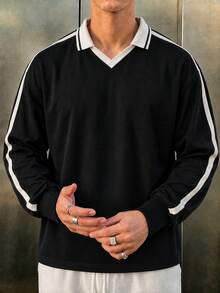 Men's Spring/Autumn Long Sleeve T-Shirt, Colorblock Minimalist Loose Fit Drop Shoulder Airplane Collar - Black - View 3