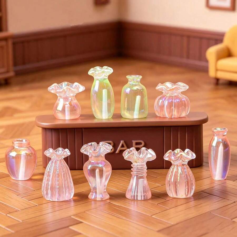 30/20/10/5/2pcs Mixed Color Iridescent Mini Vase Resin Decor, Ins Fresh Style Resin Transparent Texture 8 Different Bottle Shapes Micro Landscape Decoration Accessories, Doll House Scenery Arrangement, Spring/Home Decor - Miniature Vase - View 1