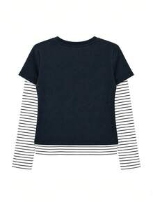 Atasan Kaos Wanita Kasual 2 In 1 Motif Patchwork Lengan Panjang Lapisan Dasar Bergaris - Navy Blue - View 3