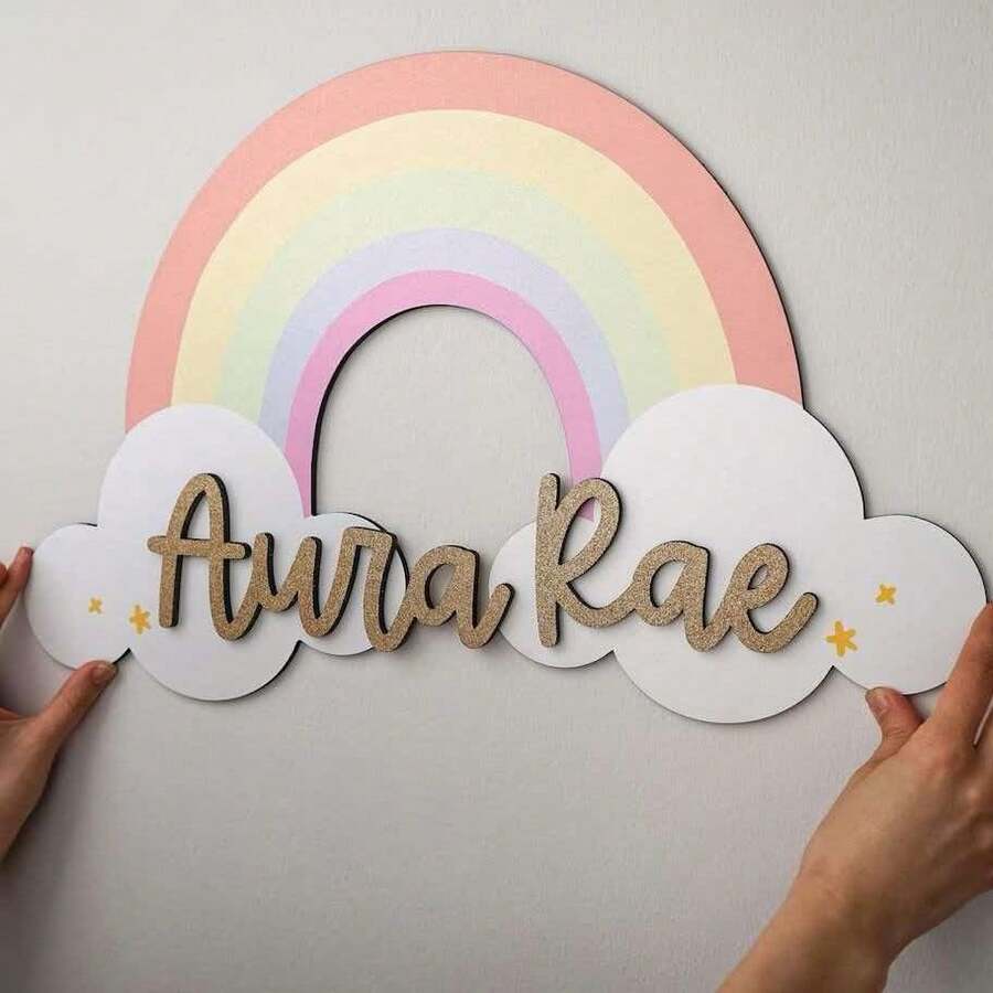 1pc Customized Wooden Door Sign Rainbow Cloud English Slogan Living Room Decor Wall Sticker - Multicolor - View 1