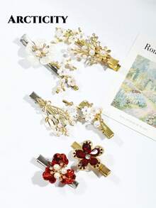 Arcticity 7pcs Vintage Pearl Floral Hair Clips, Red Rhinestone Flower Bangs Clips, Elegant Women's Hair Accessories, Suitable For Wedding, Party, Daily Wear - Multicolor - View 5