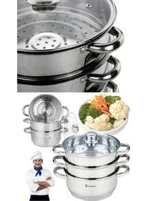 طقم قدر طهي بالبخار متعدد الطبقات من الفولاذ المقاوم للصدأ من EliteHoff مع غطاء زجاجي، متوافق مع الحث الحراري، 20/22/24 سم، 4 أو 5 قطع - مشاهدة 8
